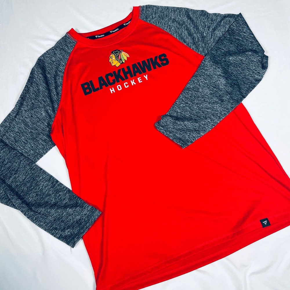 Fanatics Chicago Blackhawks Hockey Shirt Mens XL Red Grey Raglan Long Sleeve NHL - Picture 2 of 8